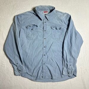 Wrangler Comfort Flex 2XL Blue Twill Shirt Long Sleeve Button Up Relaxed Fit